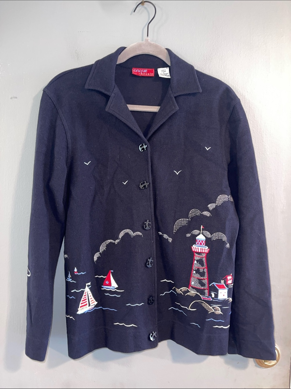 Onque Casual Womens Cardigan Sweater‎ Sailing Ocean Blue lighthous Nautical S